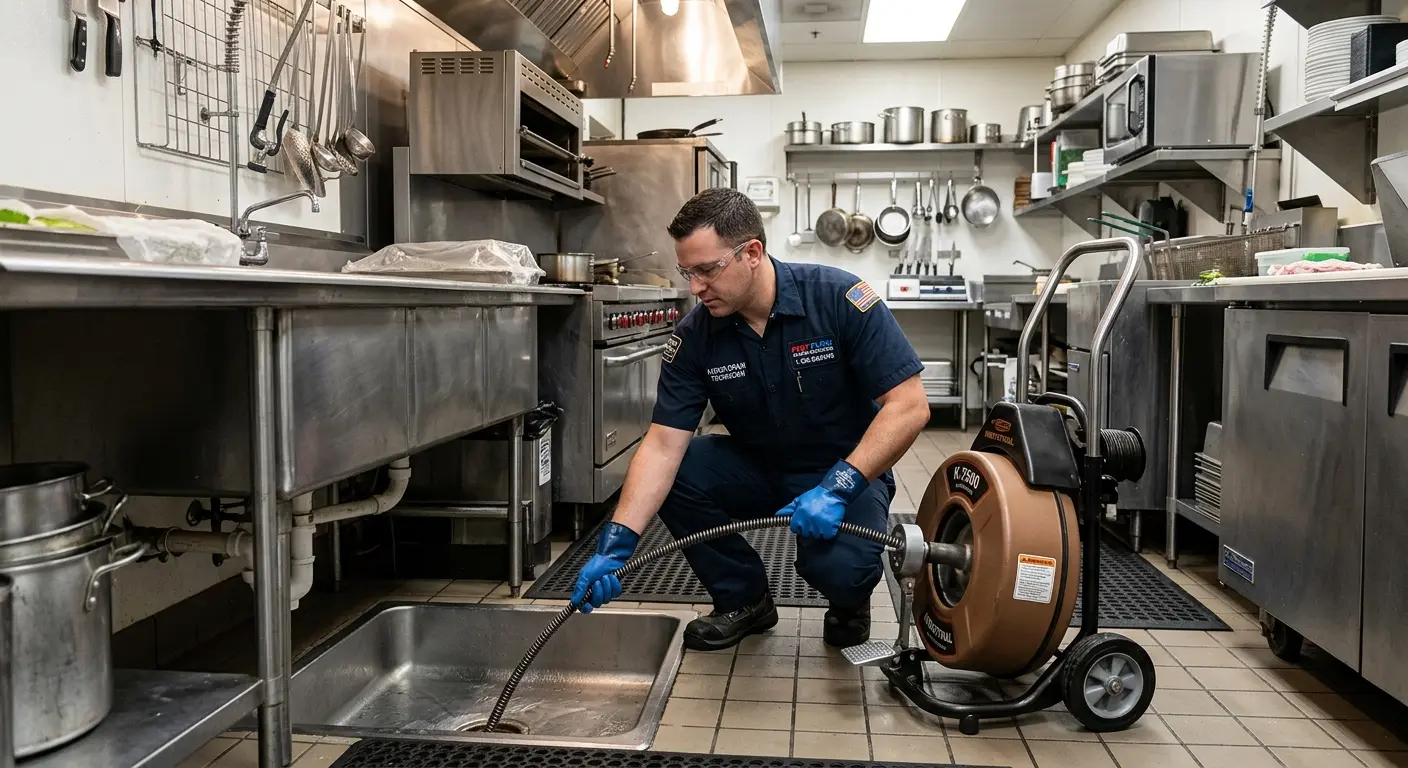 Commercial drain cleaning service in a restaurant kitchen in Frankfort Square