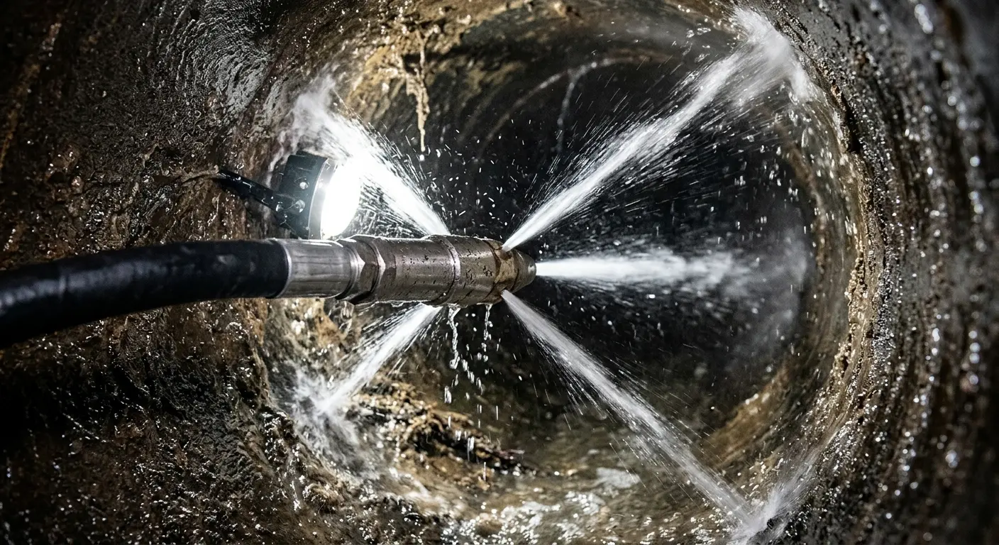 High-pressure hydro jetting nozzle cleaning sewer pipe for Emergency Drain Service in Frankfort Square