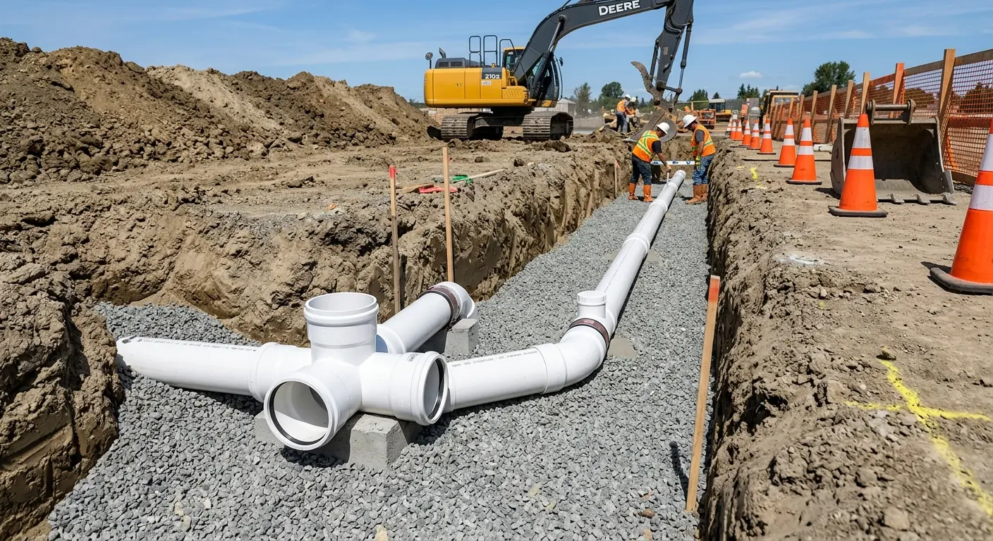 New PVC sewer pipe installation in open trench for Grease Trap Cleaning in Frankfort Square