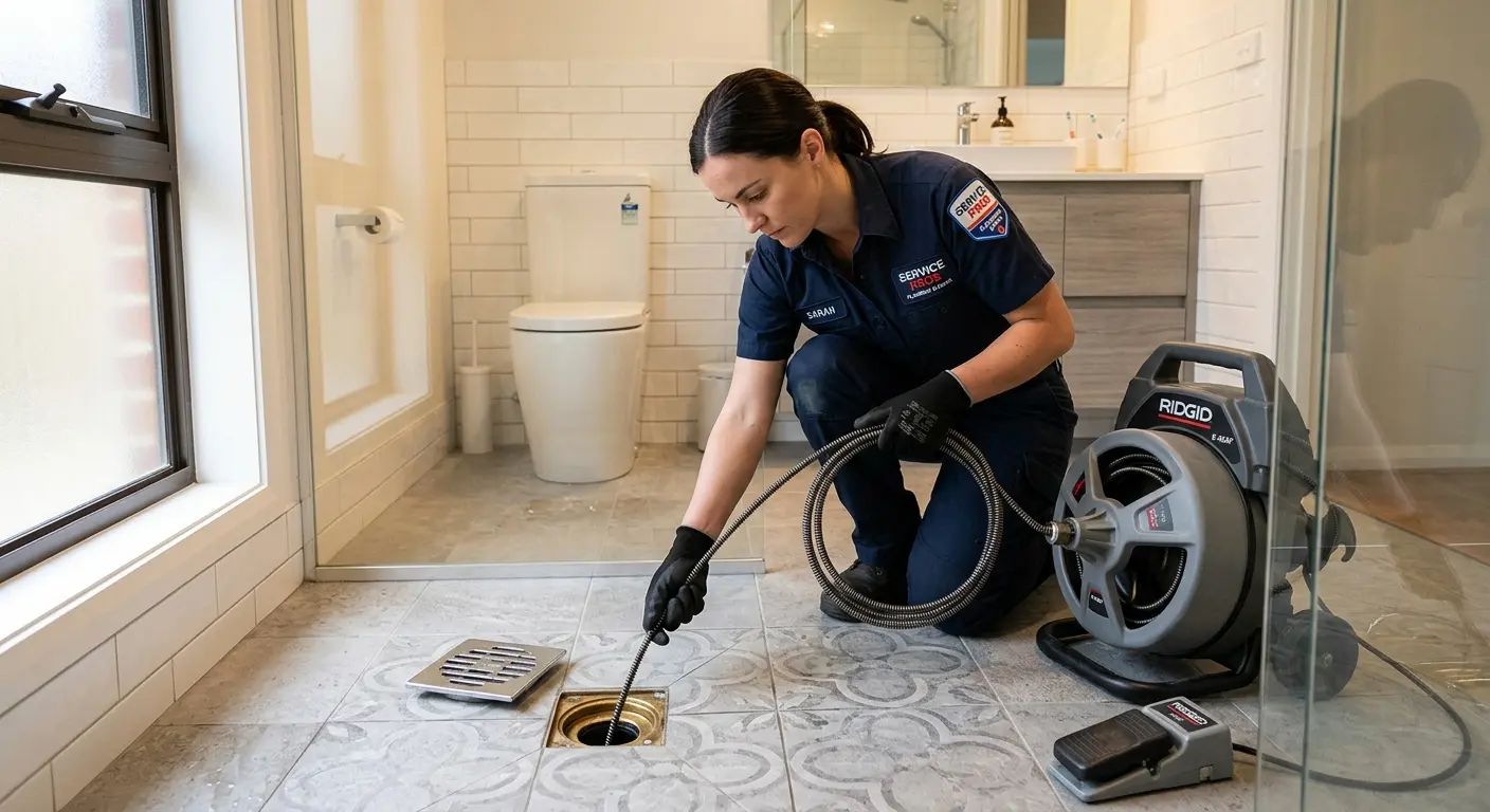 Technician clearing a bathroom floor drain for Sewer Line Installation in Frankfort Square